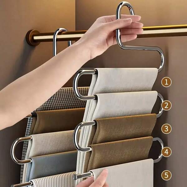 Percha de acero inoxidable de 5 niveles - 5 tipos, antideslizante, sin daños, estante de almacenamiento multinivel, apto para armario, ideal para vaqueros y pantalones, diseño ahorrador de espacio, organización ordenada del armario, percha de almacenamiento de ropa