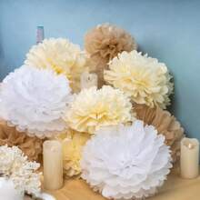 9 pièces Pompons en papier de style bohème Champagne Neutre Décorations de fête Fleurs en papier blanc crème et marron clair pour mariages, anniversaires, fiançailles, baby-showers, fêtes de style bohème