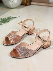Elegant Chunky Heel Women's Sandals - Open Toe, Sequin Design, Fashion Summer Sandals, Women's High Heels, Chunky Heel Open Toe Sandals