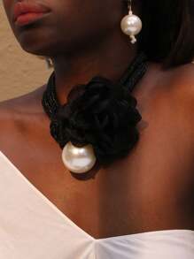 3pcs/Set Bohemian Floral Faux Pearl Necklace & Earrings Set, Elegant Taste