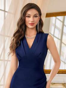 MIUSOL Vintage V-Neck Ruched Slim Work Bodycon Pencil Dress - Navy Blue - View 9