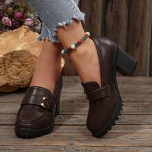 女式纯色粗跟踝靴，休闲黑色皮革防滑短靴，适合日常休闲、派对和正式场合 - 棕色(C扣) - 查看 5