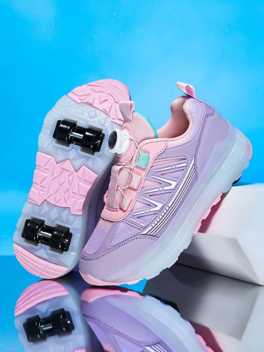 1 par de patines de quad con suela gruesa, transpirables y cómodos, de PU y TPR, con hebilla giratoria, en color blanco y rosa, estilo deportivo y de puntera redonda, para niños