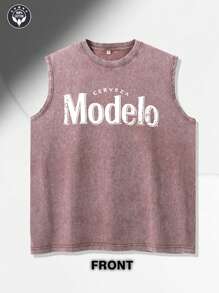 Modelo  Front And Back Prints  New Men's Premium Printed 230G Heavy Pure Cotton Washed And Aged Waistcoat Sleeveless Vest Men's T-Shirt, Summer Casual T-Shirt Casual T-Shirt