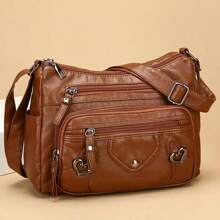 [Bolso bandolera ligero con cremallera] Elegante bolso bandolera de mujer con múltiples bolsillos, bolso de hombro de piel sintética, de unicolor ligero con correa ajustable, cierre con cremallera, forro de poliéster, bordes pintados, para uso diario y ocasiones - disponible en negro, gris, rojo, marrón claro