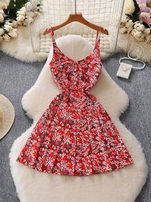 女士性感 V 领休闲时尚碎花吊带裙，碎花复活节春夏款