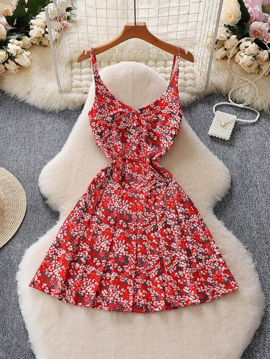 女士性感 V 领休闲时尚碎花吊带裙，碎花复活节春夏款