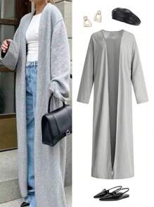 Cardigan maxi de punto acanalado gris, esencial de otoño 2025 para mujer - Silueta holgada y suelta, manga larga, chaqueta lavable - Prenda básica de vestuario de transición, aprobada por celebridades y blogueros - Ropa de mujer para otoño, atuendos para maestras, ropa urbana para mujer