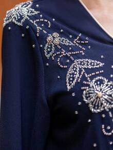 V-Neck Vintage Arabic Dress For Women, Navy Blue