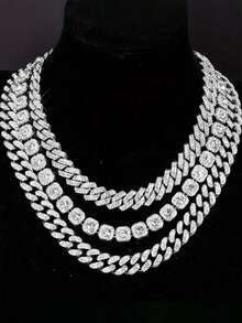 3pcs Set Punk Style Zinc Alloy Rhinestone Zirconia Necklaces, Suitable For Party, Gathering And Daily Wearing - 3-piece Set - View 11