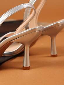 1 Pair Silver Plus Size Holographic Teenager Girl Party High Heel Sandals, Square Toe Elastic Strap Stiletto Wedge Pumps, Suitable For Casual, Gathering, Travel, Spring/Summer