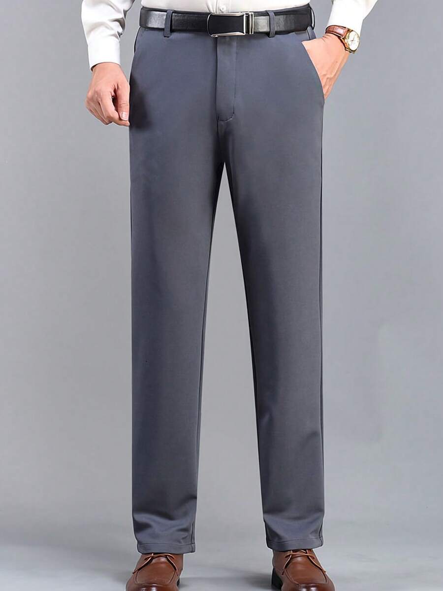 Hombres gris cremallera botón sección elástica slim pantalones de traje recto, pantalones slim de los hombres, de negocios micro pantalones formales casuales, ir al trabajo, negocios, bodas, fiesta escena completa versátil - Gris Oscuro - Ver 1