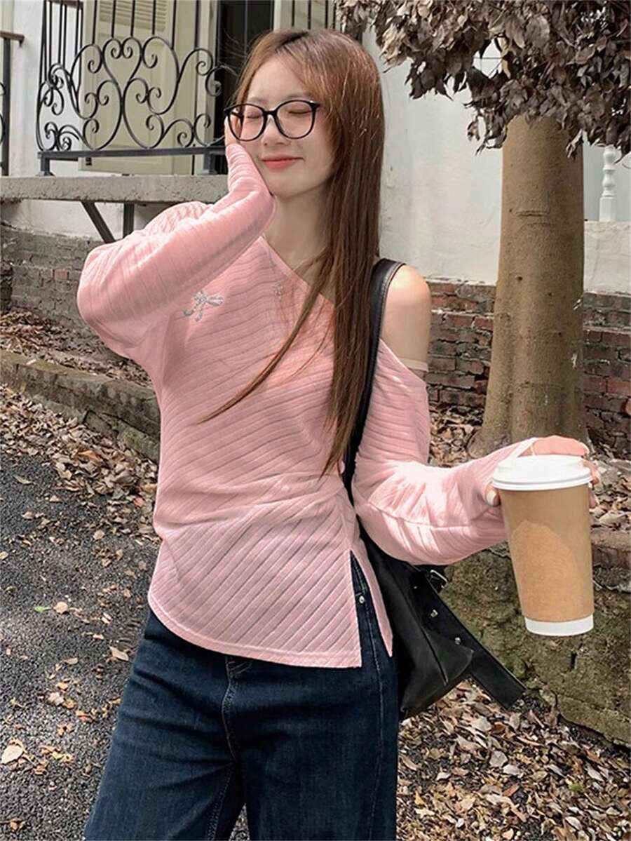 街头风格圣诞节春夏女士性感不对称肩部条纹蝴蝶结长袖开衩修身针织上衣 - 淺粉色 - 查看 1