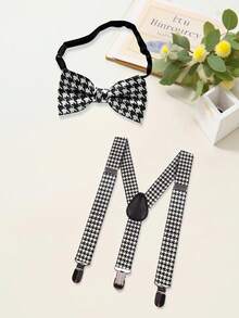 Luobobeibei 2 件套儿童时尚配饰套装 - 千鸟格图案吊带和领结，适合儿童日常穿着、校服、婚礼花童、派对活动、绅士服装搭配 - 均碼 - 查看 1