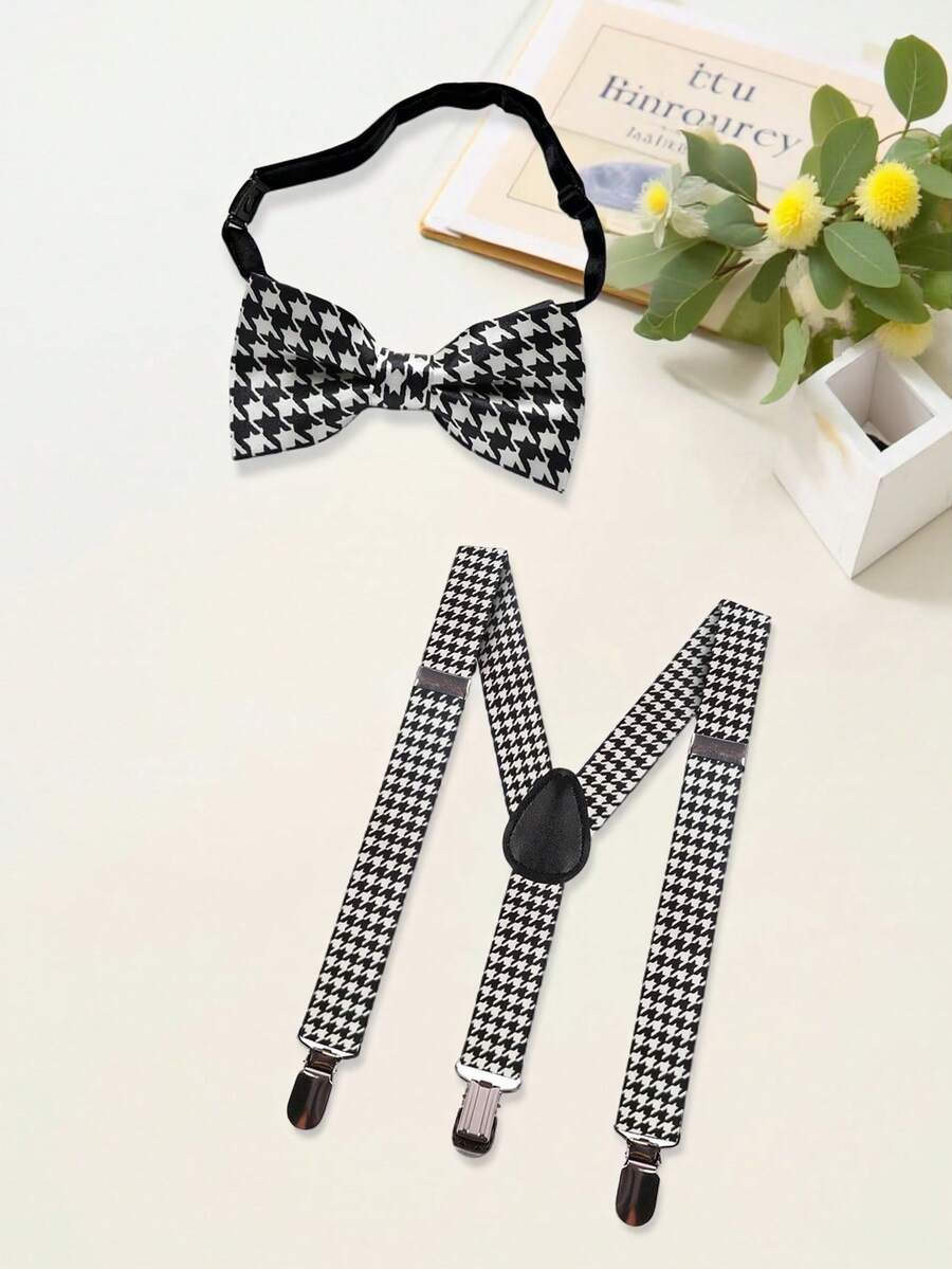 Luobobeibei 2 件套儿童时尚配饰套装 - 千鸟格图案吊带和领结，适合儿童日常穿着、校服、婚礼花童、派对活动、绅士服装搭配 - 均碼 - 查看 1