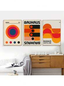 Bauhaus Colourful Art Abstract Poster Medieval Vintage Exhibition Aesthetic Canvas Painting Bedroom Kitchen Decorative Wall Art Holiday & Birthday Gift, Office Decoration Arranged Artwork Optional Frame ,Wall Art With Frame - Multicolor - View 1