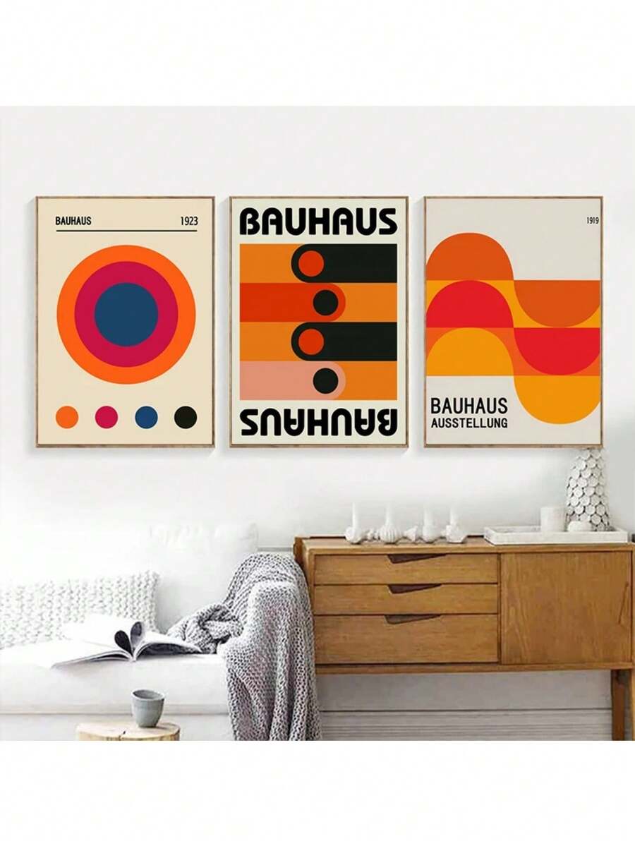 Bauhaus Colourful Art Abstract Poster Medieval Vintage Exhibition Aesthetic Canvas Painting Bedroom Kitchen Decorative Wall Art Holiday & Birthday Gift, Office Decoration Arranged Artwork Optional Frame ,Wall Art With Frame - Multicolor - View 1