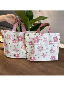 20/50pcs, Mocha Colored Floral Print Tote Bag - Thick, Waterproof, And Reusable With A Pink Handle - Perfect For Retail Displays, Clothing Stores, Jewelry And Clothing Shopping, Daily Handheld Use, Cute Floral Print Pattern, Gift Bag