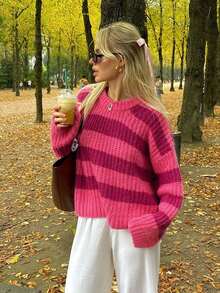 Round Neck Solid Color Contrast Striped Regular Casual Knit Pullover Top