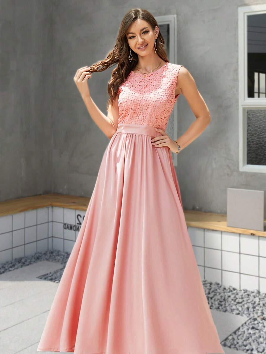 Vestido longo de noite de cetim com renda bordada sem mangas, elegante para eventos da noite