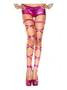 Women's Silver Strappy Thigh Highs With Adjustable Lacing And Ruffled Tops - 玫紅色 - 查看 1