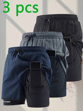3 件套男士夏季休闲拼色拼接短裤，二合一外观短裤