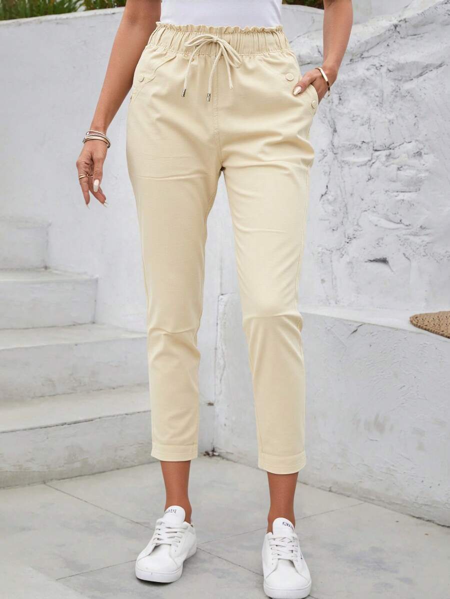 Pantalón holgado mujer botones en las bolsas con cordón recto elegante - Blanco - Ver 1