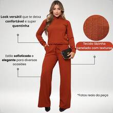 SILK ROUTE Women's Wool Set, Wide Leg Trousers And Turtleneck Blouse, Winter - Mocha Brown - View 4