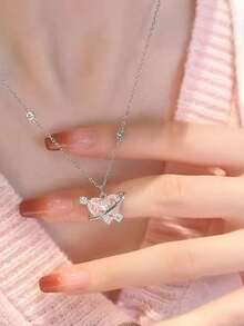 1PC Light Luxury Niche Love Planet High-End Collarbone Chain As A Gift For Girlfriend And Best Friend, Daily Wear Accessory For Men And Women - Silver - View 2