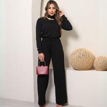 SILK ROUTE Women's Wool Set, Wide Leg Trousers And Turtleneck Blouse, Winter - 黑色 - 查看 9