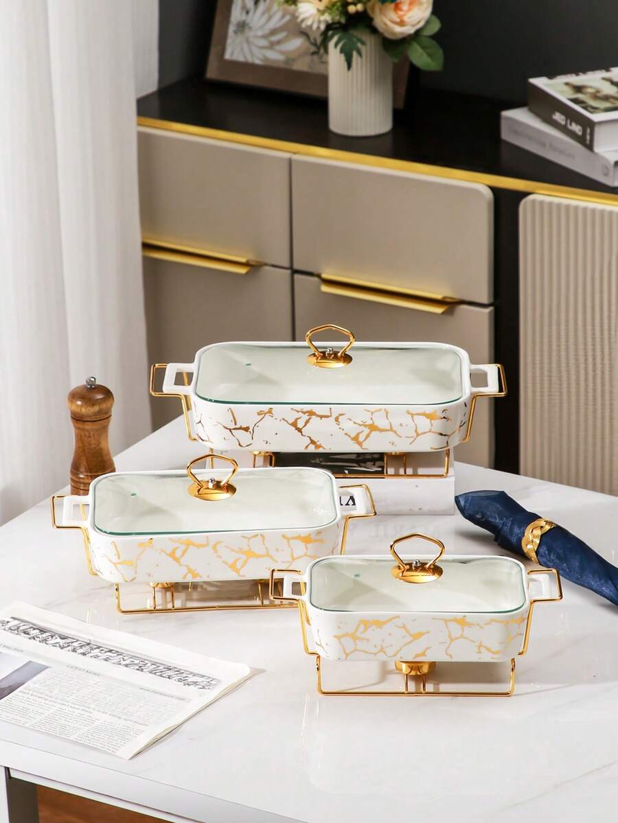 1set Ceramic Plate Party Household Kitchen Tableware Soup Pot Casserole With Lid And Iron Frame - White - View 1