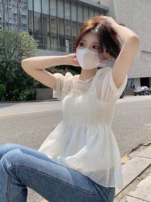 女式荷叶边网眼泡泡袖收腰衬衫上衣，夏季 - 白色 - 查看 5