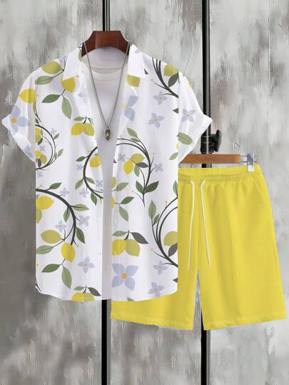 2 件大码男士休闲印花短袖衬衫和短裤套装，简约时尚，适合日常穿着
