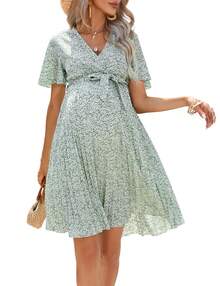 Women's Maternity Pleated Short Sleeve Wrap V Neck Summer Midi Dress Casual Nursing Dress Baby Shower Photoshoot Belt - 淺綠碎花 - 查看 1