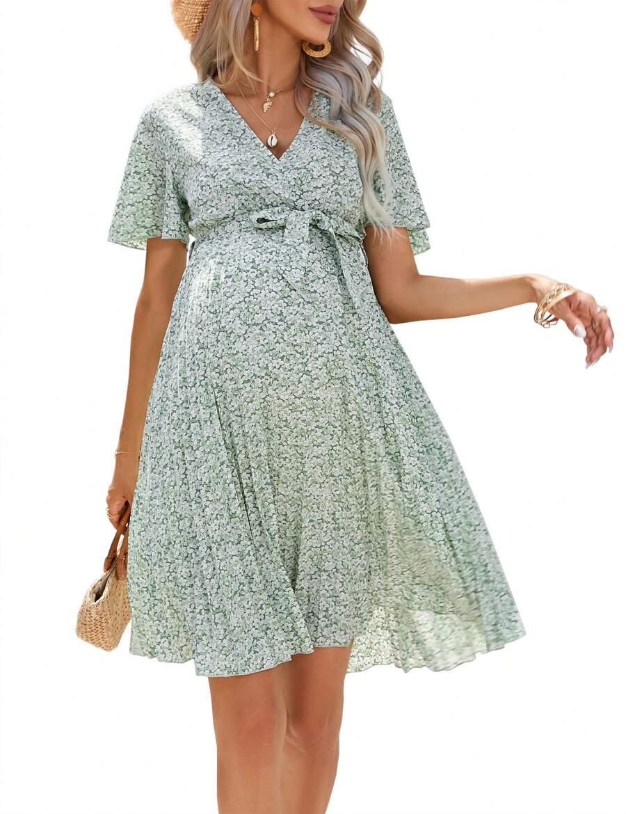 Women's Maternity Pleated Short Sleeve Wrap V Neck Summer Midi Dress Casual Nursing Dress Baby Shower Photoshoot Belt - 淺綠碎花 - 查看 1