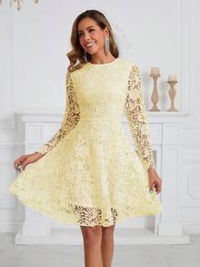Bridal Shower Dress, Embroidered Lace Long Sleeve Short Wedding Dress, Bride - Yellow - View 3