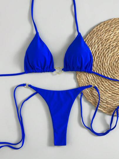 Conjunto de bikini con escote halter y push-up, diseño de colores lisos y efecto de empalme, estilo sexy brasileño, decoración metálica, nueva europea y estadounidense para 2025