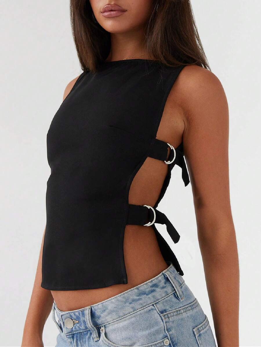 Women Buckle Tank Top Y2k Slim Fit Crop Tops Sexy Sleeveless Round Neck Hollow Out Shirt Rave Outfits - 黑色 - 查看 1