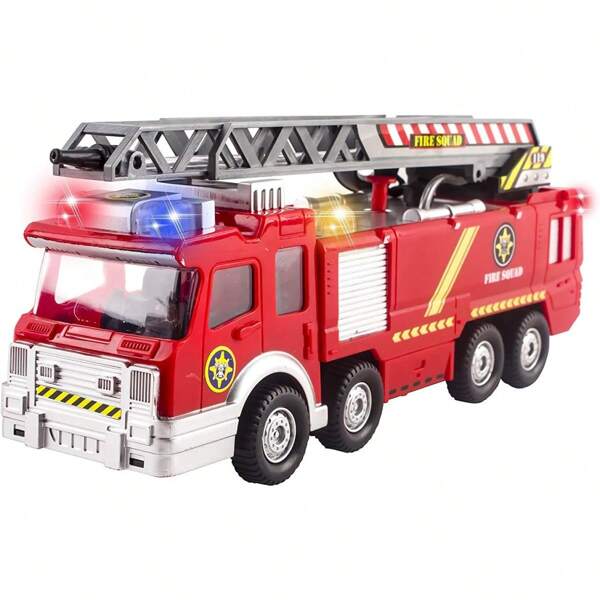 Fire Truck Toy Rescue, Swivel Wheels With Shooting Water, Lights And Siren Sounds, Extendable Ladder And Pump Hose, Can Shoot Water Bump And Move. Exquisite Open Window Box Design