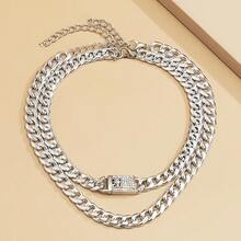 2 Pcs Chunky Chain Necklace Inlaid Shiny Rhinestone Adjustable Hip Hop Style Punk Necklace Set - Silver - View 3