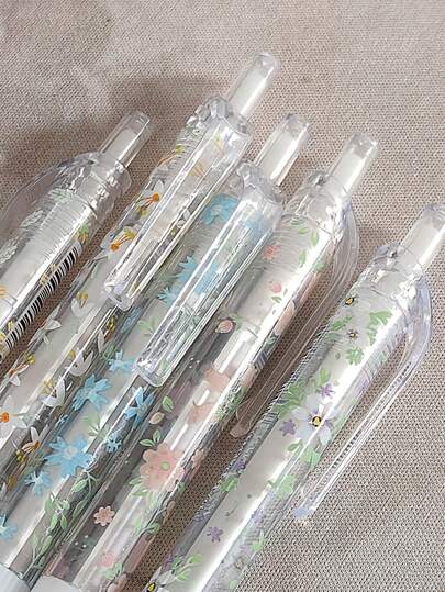 6pcs Retractable Neutral Pens - 0.5mm, Quick-Drying Black Ink, Floral Pattern, Ideal For Smooth Writing In Journals And Office Stationery