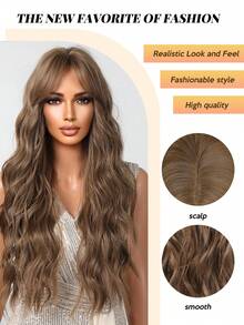Tóc giả dài 26 inch màu nâu mocha, kiểu tóc xoăn, có mái, làm từ sợi tổng hợp chịu nhiệt, phù hợp cho nữ, thích hợp cho các dịp lễ, tiệc tùng và sử dụng hàng ngày. - Màu nâu  Mocha - Xem 6