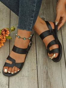 Giày sandal nữ thời trang khóa đen, giày sandal đế bằng hở mũi thanh lịch thoải mái đa năng - màu đen - Xem 7