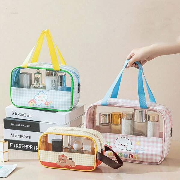 1pc Funny Transparent Cosmetic Bag/Portable Toiletry Bag/Waterproof PVC Storage Pouch/Double-Layer Separation Dry & Wet Bag