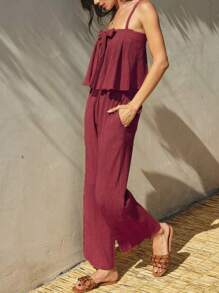 2pcs Set Solid Color Butterfly Strap Camisole Top & Pants