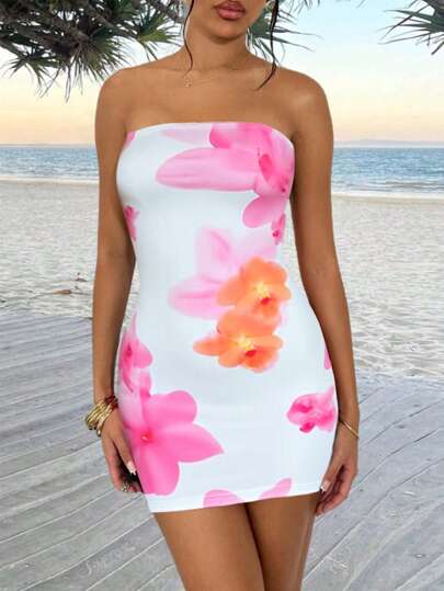 Vestido corto de verano sexy sin tirantes con estampado floral rosa y blanco, elegante vestido de moda, vestido espalda descubierta