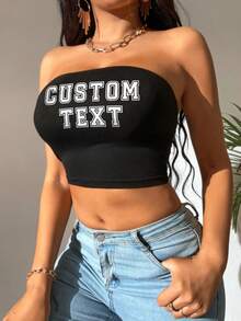 Short Bandeau Top, Personalized Printed Women's Crop Top, Add Your Text Name Slogan, Custom Design Lettering Workout Top Black - Black - View 4