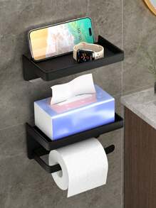 Black Toilet Paper Holder With Shelf And Phone Holder - Wall Mounted With Self-Adhesive Or Screw Mount Installation, Includes Roll Dispenser And Storage Function