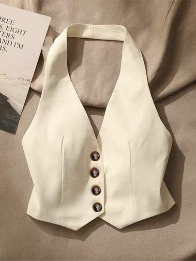 Top sin mangas con espalda descubierta casual para mujer, con botones delanteros, estilo elegante, para verano