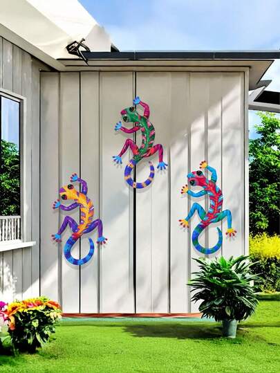 3 قطع ديكور جدران أعمال فنية من الحديد بشكل سحلية، 4 قطع تماثيل معلقة من الحديد المشغول بشكل ثلاثي الأبعاد على شكل سحالي، ديكور حدائق وجدران المنزل، أوراق الحياة و الشرفات، هدايا دافئة للعائلة والأصدقاء